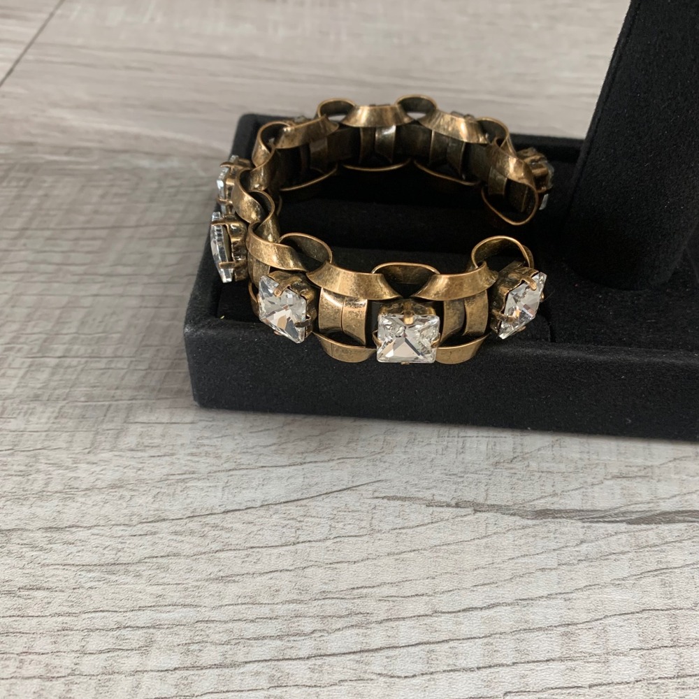 J.Crew Antiqued Gold Tone Woven Cuff Bracelet Square Clear Crystal Statement